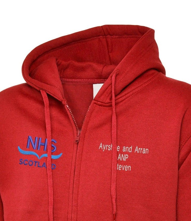 Scottish NHS Zipped Hoodie, Personalised with NHS Scotland Logo & Hospital detail and Name