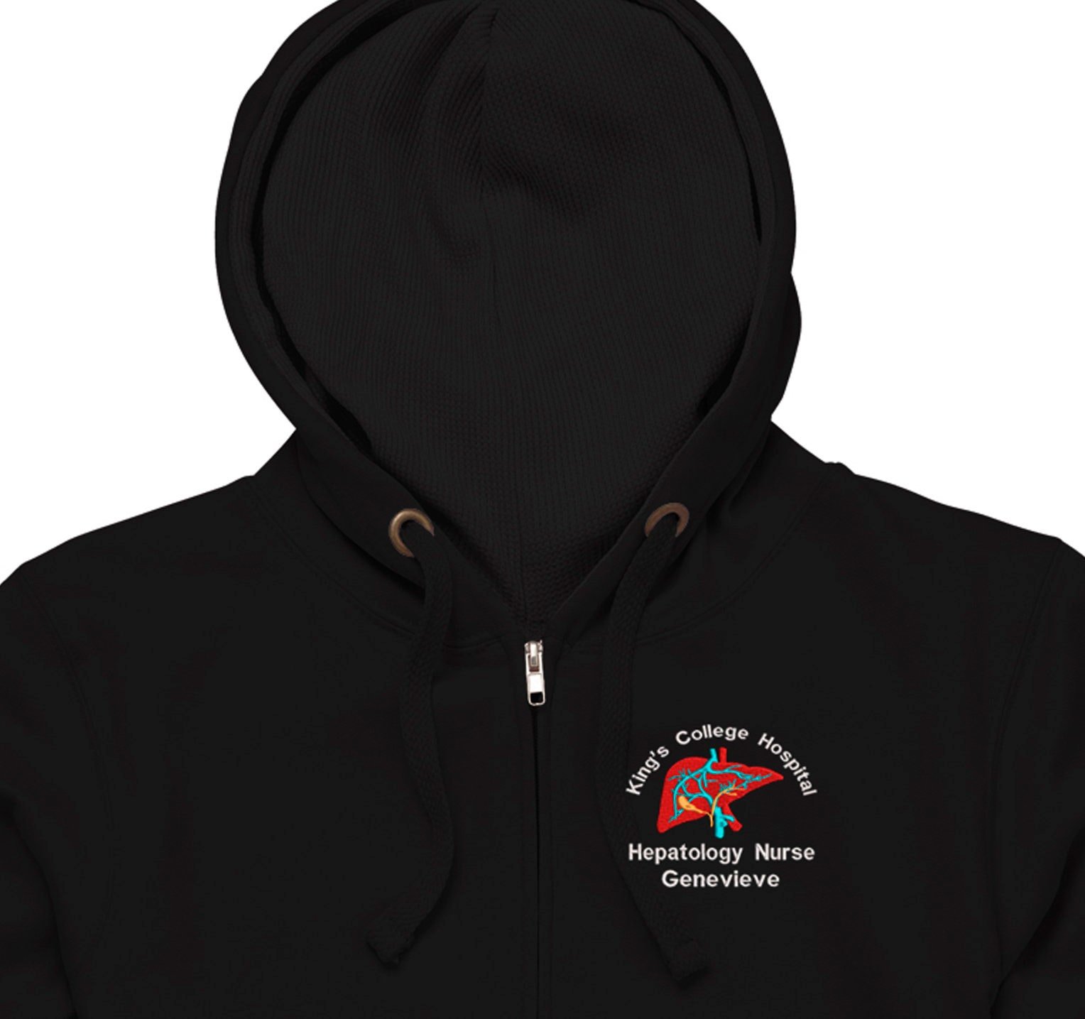 Unisex NHS Zipped Hoodie – Embroidered Liver Design, Personalized Medical Apparel