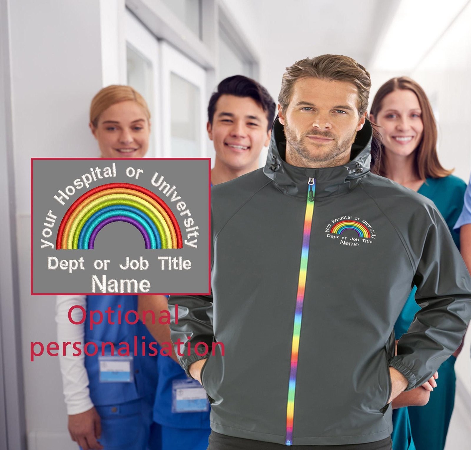 NHS Rainbow Waterproof Jacket, Recycled Prism PU, Personalised Embroidery-NHS rainbow clothing