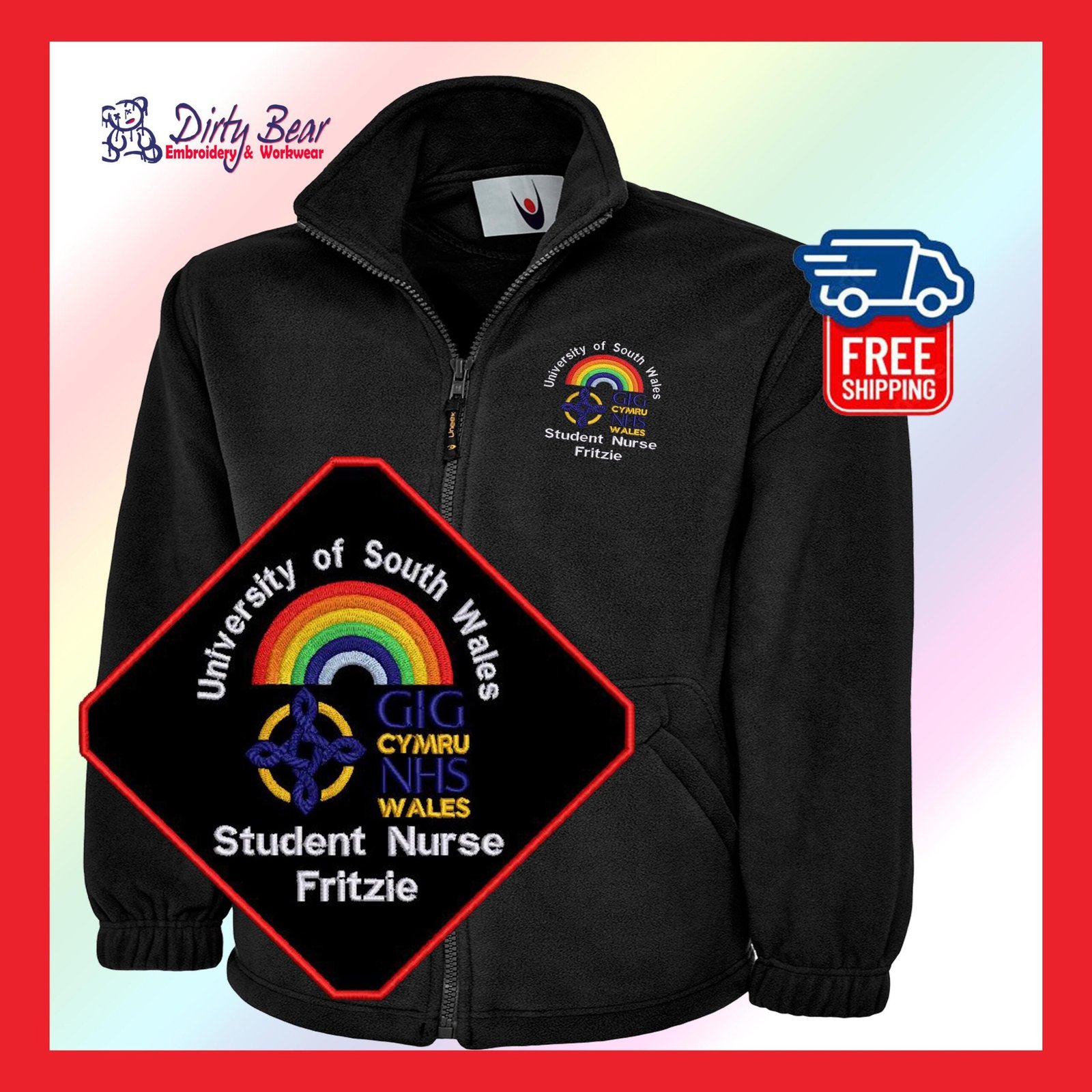 Welsh NHS rainbow Fleece Jacket – Welsh NHS logo embroidered with personalisation Rainbow NHS clothing Personalised fleece jacket