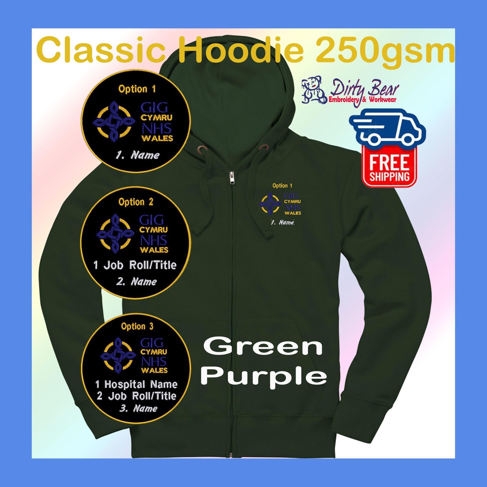 Personalized Full Zip Hoodie with Welsh NHS Logo - Embroidered (250gsm)