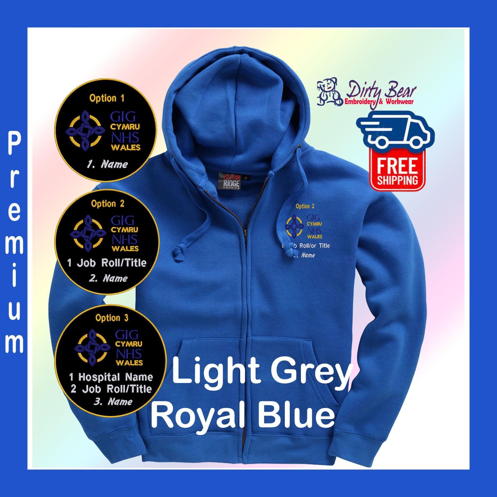 Personalized Welsh NHS Full Zip Hoodie, Embroidered Logo, 300gsm Jacket