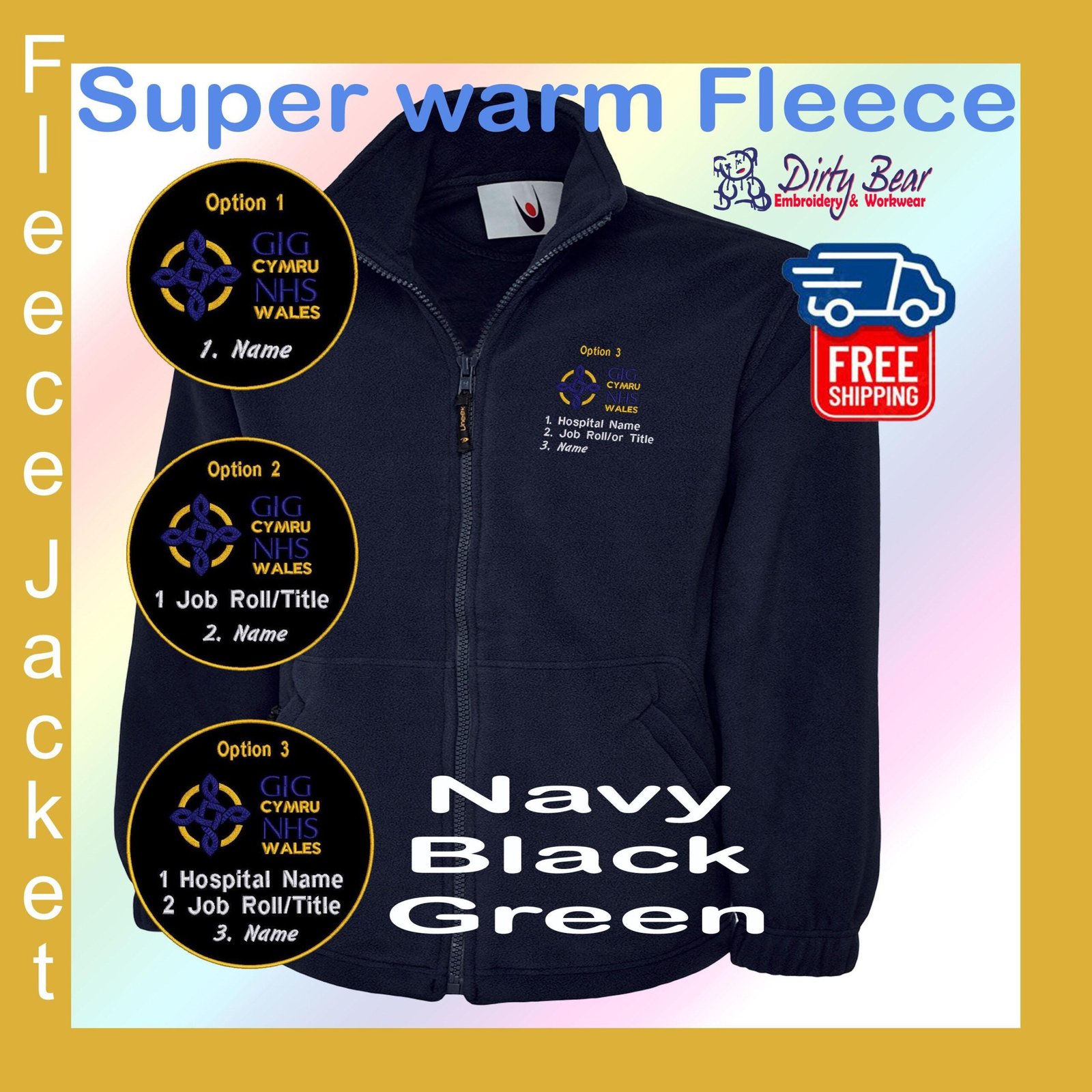 Personalised Welsh NHS Logo medical Fleece jacket ∣ 300GSM Full Zip fleeced jacket ∣ Welsh NHS logo up to 3 lines of personalised Embroidery